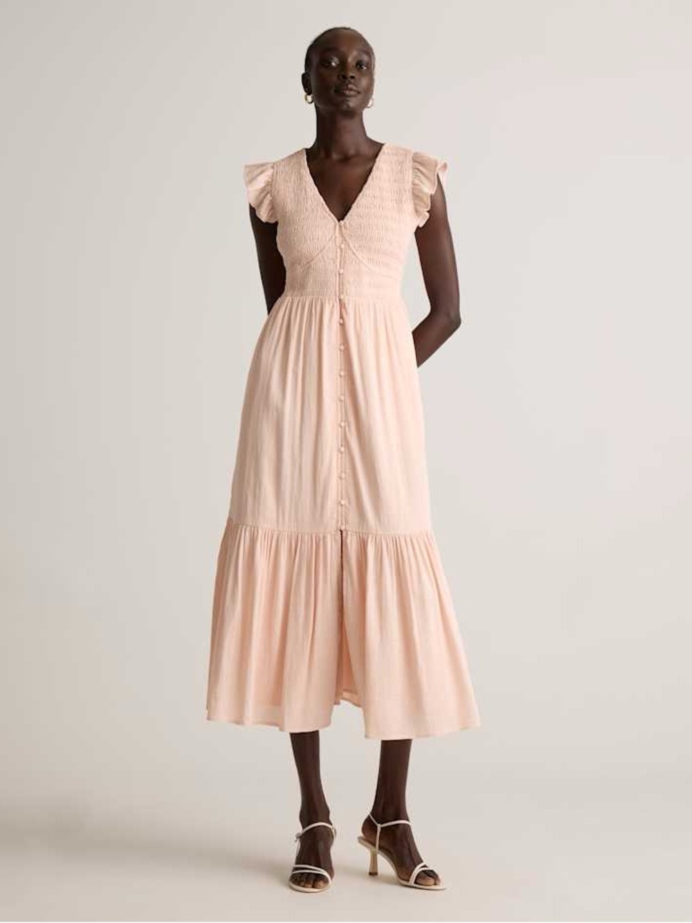 NWT Quince Organic Textured Cotton Smocked V-Neck Midi Dress